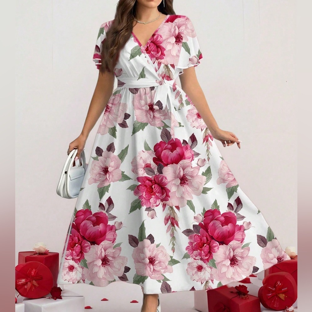 Pink Puff Sleeve Maxi Dress with V-Neckline